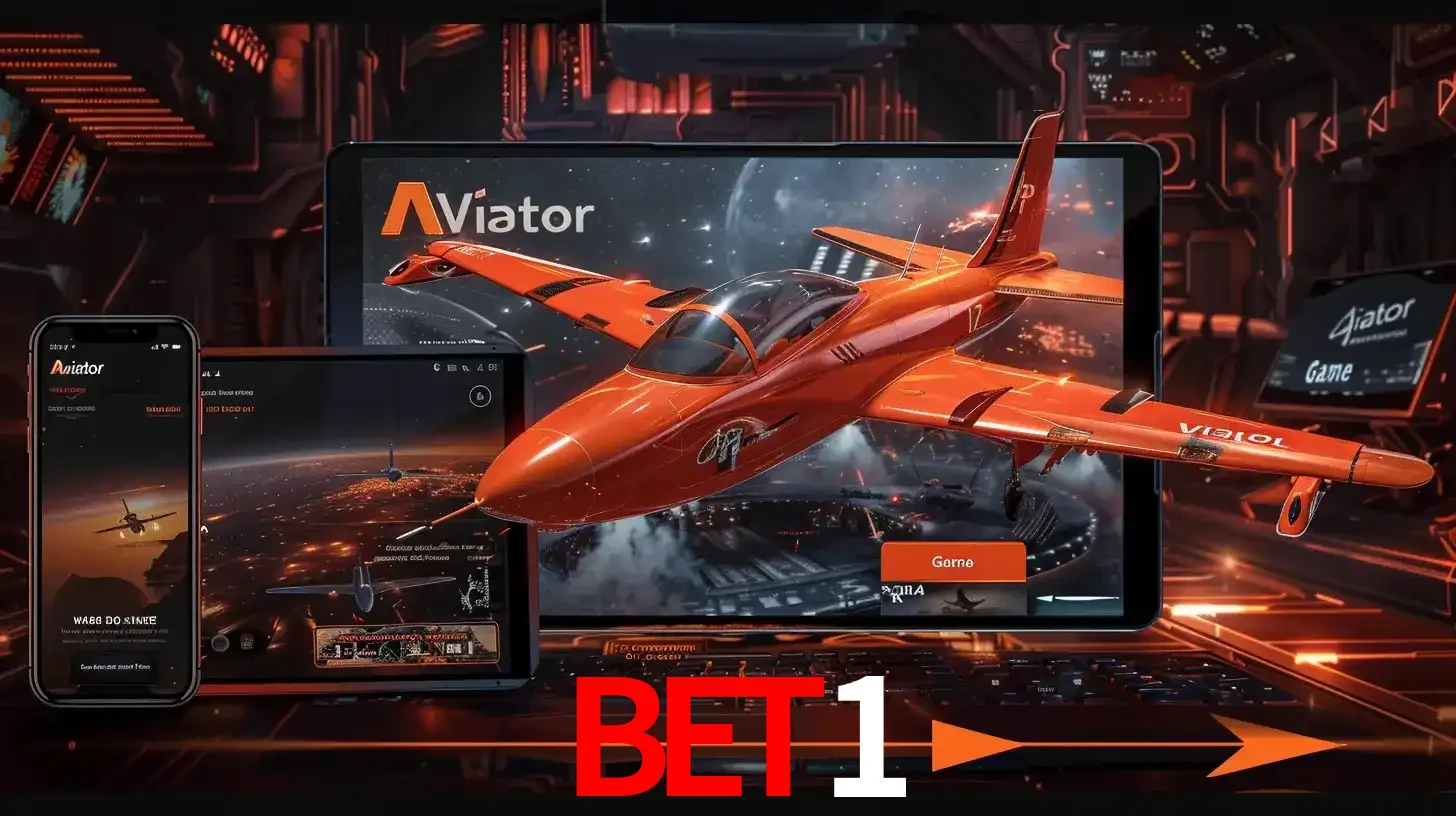 Apresentação tecnológica do jogo Aviator com um avião saindo da tela de um tablet, demonstrando a experiência imersiva em múltiplos dispositivos no BET1.