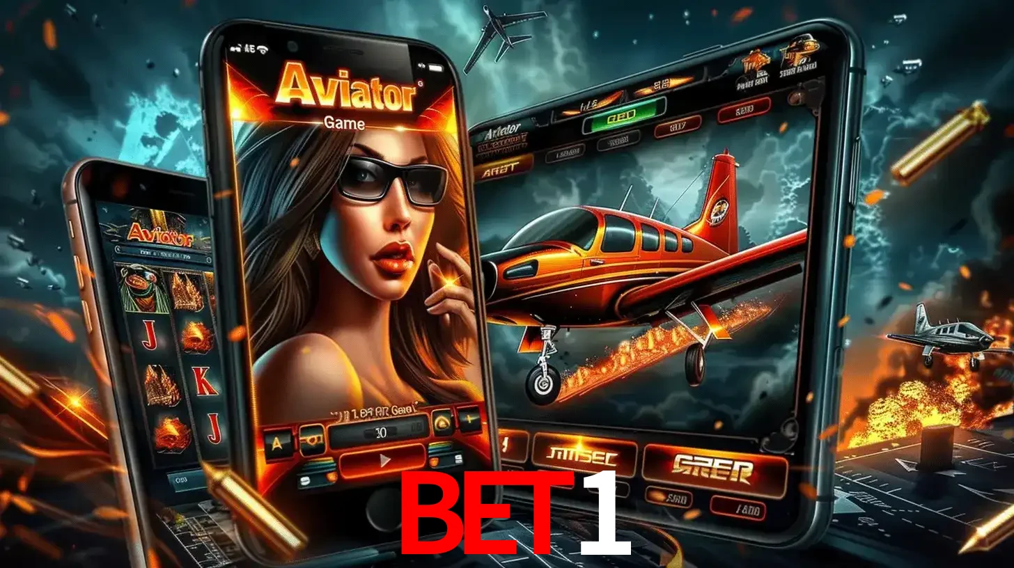 O popular jogo de apostas Aviator exibido em vários celulares e tablets, mostrando a interface emocionante e a ação de voo disponíveis para jogar agora no BET1.