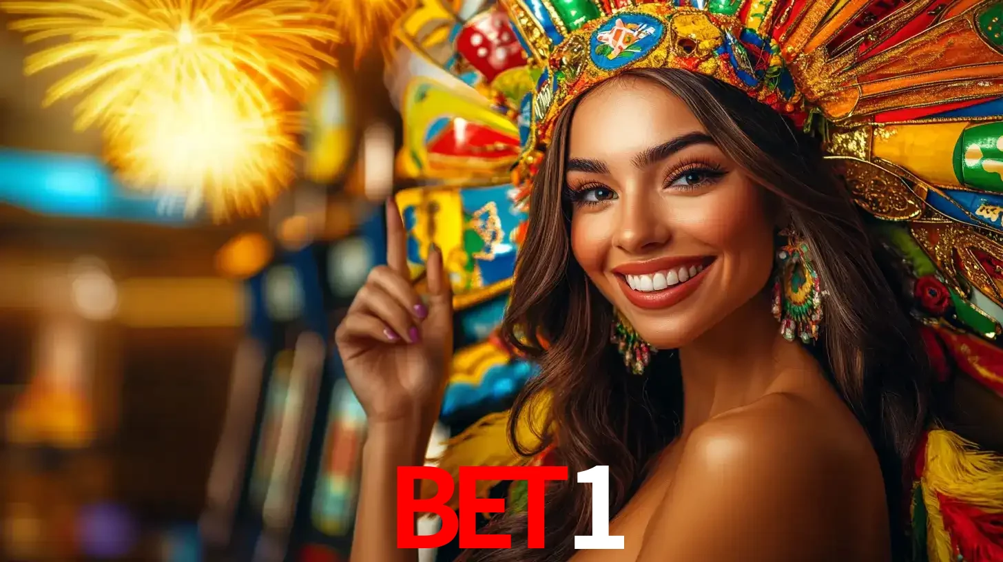 Mulher sorridente com um cocar de carnaval vibrante e colorido, celebrando uma grande vitória nos jogos do cassino BET1 com fogos de artifício ao fundo.