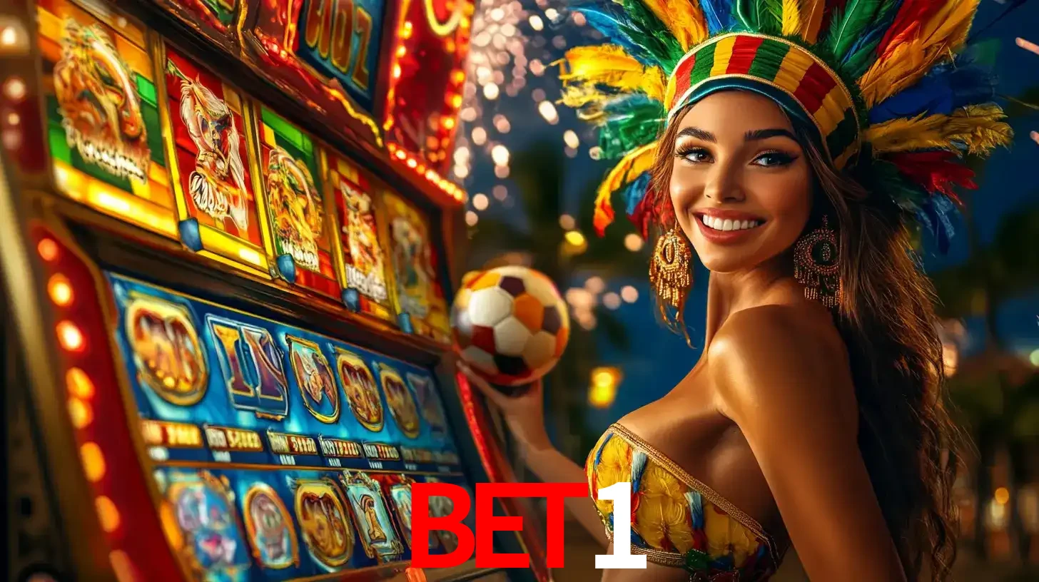 Mulher com um cocar de carnaval ao lado de uma máquina de caça-níqueis enquanto segura uma bola de futebol, mostrando a união da diversão de cassino e esportes no BET1.