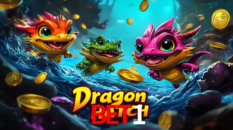 Arte promocional do jogo Dragon Hatch com três adoráveis dragões bebês nadando entre moedas de ouro, um dos slots mais divertidos para jogar no cassino BET1.