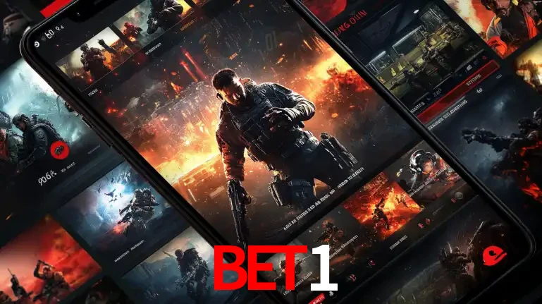 Tela de um celular exibindo uma galeria de jogos de tiro com temática militar, mostrando a variedade de e-sports disponíveis para apostas na plataforma de entretenimento BET1.