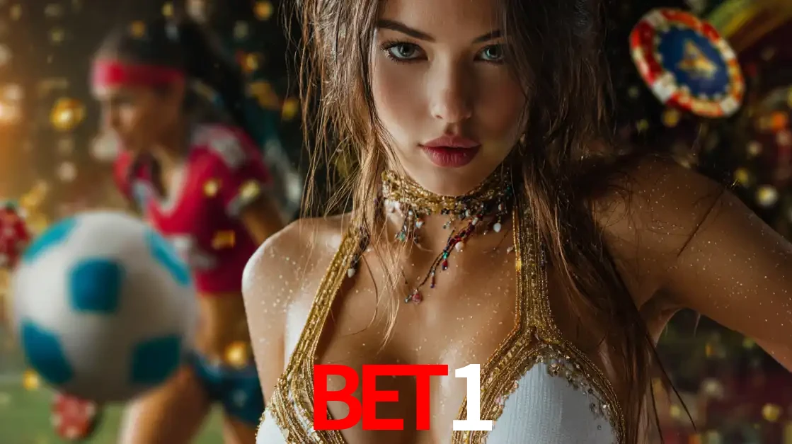 Mulher elegante representando a combinação de glamour e emoção das apostas esportivas, com uma jogadora de futebol ao fundo, destacando a ação no BET1.
