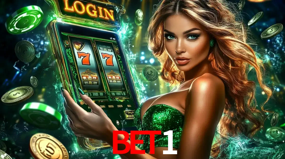Mulher com tema verde apresentando o aplicativo do cassino BET1 com um jogo de slot de 777, cercada por fichas de cassino e uma aura de sorte.