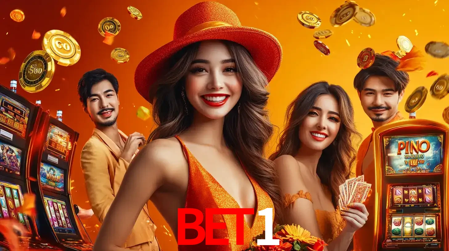 Grupo de amigos asiáticos sorrindo e se divertindo com máquinas de caça-níqueis em um ambiente festivo, celebrando suas vitórias nos jogos de cassino do BET1.