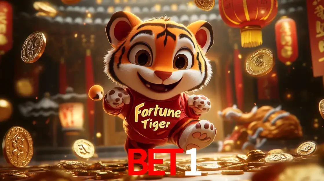 O alegre personagem do Fortune Tiger correndo sobre um caminho de moedas de ouro, simbolizando os grandes prêmios e a diversão do popular jogo de slot do BET1.