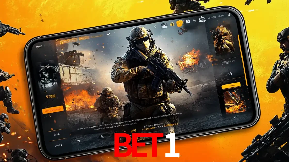 Um smartphone exibindo a interface de um jogo de tiro em primeira pessoa, com um soldado em um cenário de batalha, representando a ação dos e-sports para apostar no BET1.