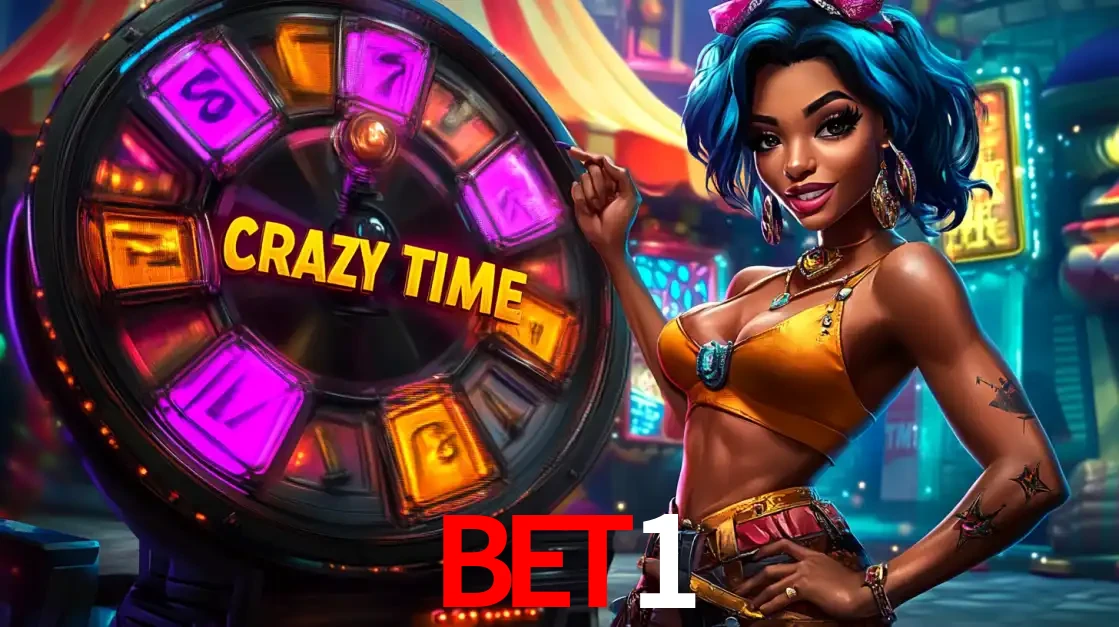 Mulher estilizada com cabelo azul e visual vibrante posando ao lado da roda de prêmios do game show Crazy Time, convidando para a diversão e os bônus do cassino BET1.