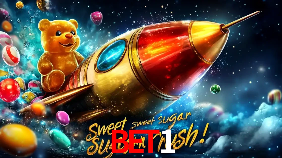 Arte promocional do jogo de slot Sugar Rush, com um urso de pelúcia em um foguete viajando pelo espaço de doces, um dos jogos divertidos disponíveis no cassino BET1.