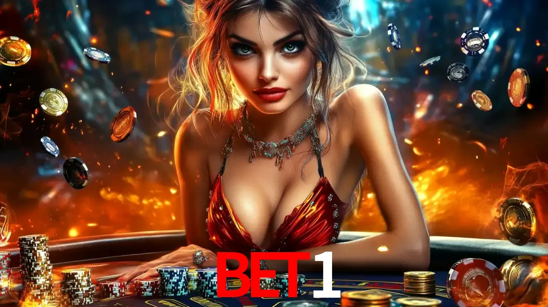 Mulher em uma mesa de cassino com pilhas de fichas e um fundo de fogo, pronta para uma rodada de altas apostas nos jogos de mesa emocionantes do cassino BET1.