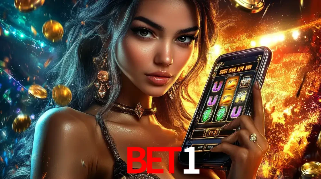 Mulher elegante mostrando um jogo de caça-níqueis em seu smartphone, destacando a experiência de cassino móvel oferecida pelo aplicativo BET1.