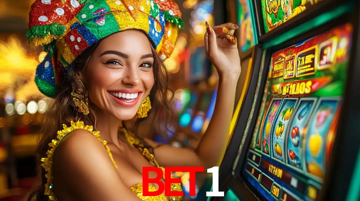 Mulher feliz com traje de carnaval amarelo e colorido ao lado de uma máquina de caça-níqueis, aproveitando a diversão e os jogos temáticos do cassino BET1.