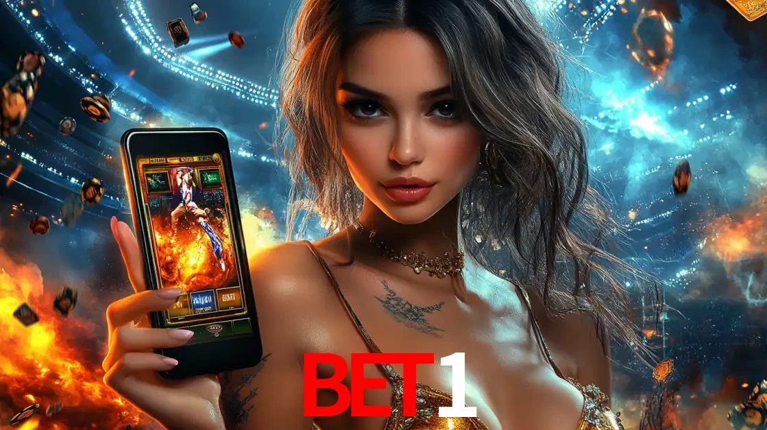Mulher segurando um celular com um jogo de slot em destaque, tendo como fundo um estádio vibrante, simbolizando a emoção de jogar no cassino móvel BET1.